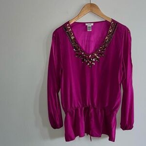 Cache Vintage Silk Embellished Neckline Blouse